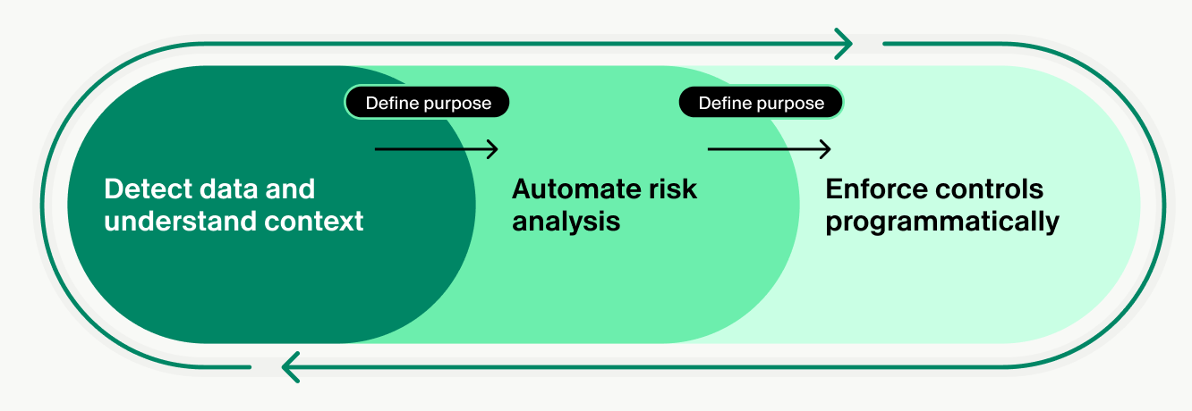 Illustration of a continuous risk management workflow showing data detection and context understanding, automated risk analysis, programmatic control enforcement, and continuous monitoring of overall risk posture.